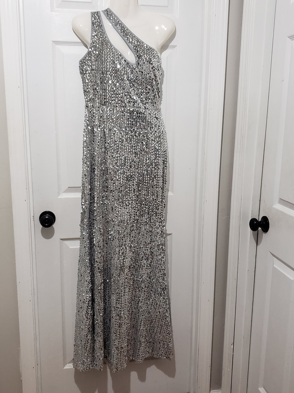 Silver Sequin One-Shoulder Mermaid Maxi Evening Dress | Medium